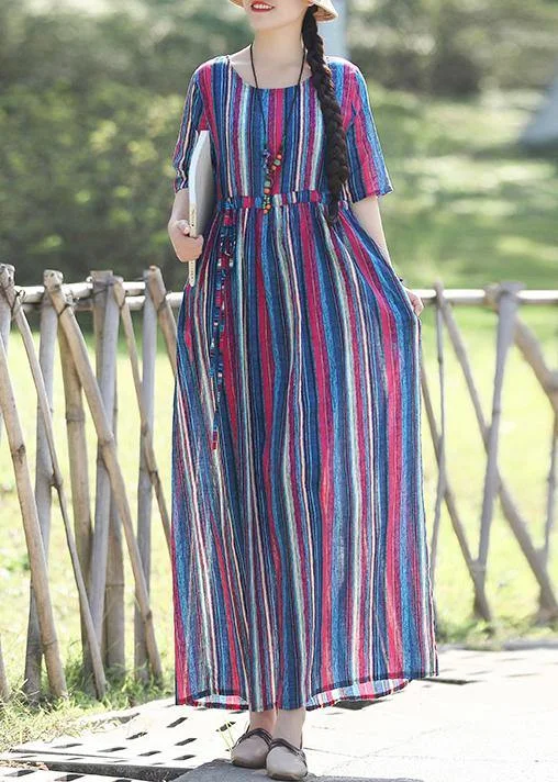 Loose o neck Half sleeve linen cotton outfit 2025 Photography blue striped long Dresses Summer