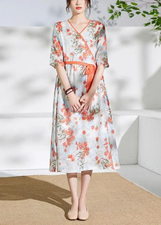 Women red print linen dress v neck tie waist loose Dress