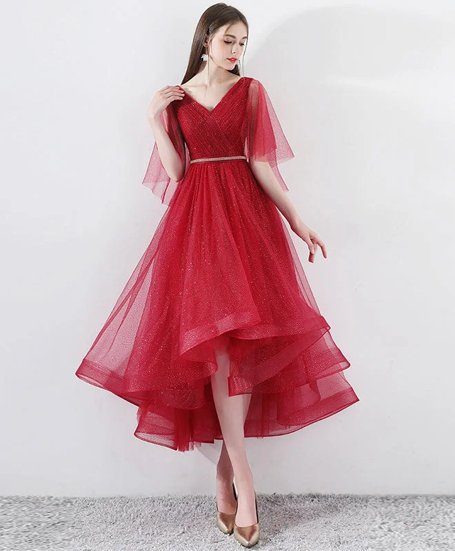 Burgundy Tulle High Low Prom Dress, Burgundy Tulle Evening Dress