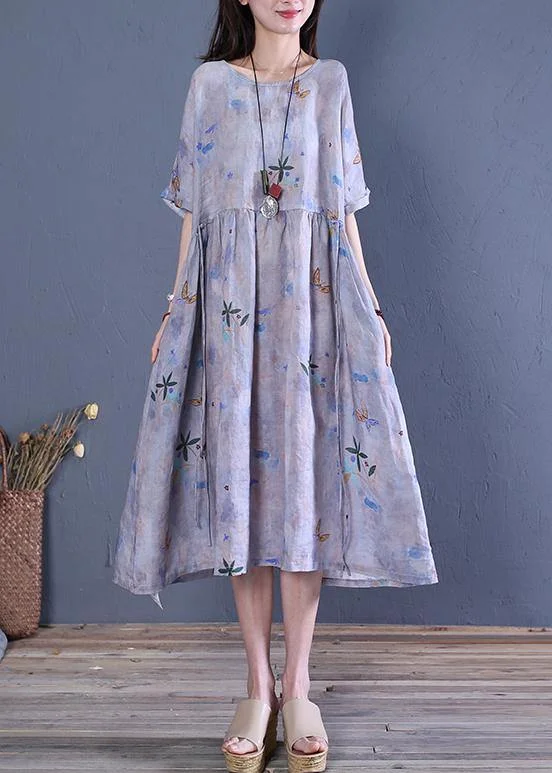 Natural o neck tie waist linen clothes For Women Fabrics gray print Dresses