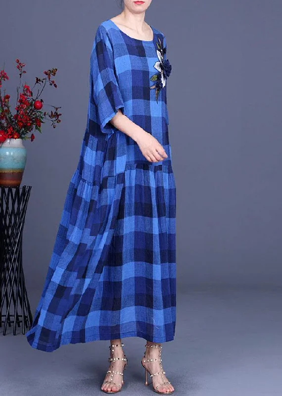 Fashion Blue Plaid Linen Embroideried Floral Summer Long Dress
