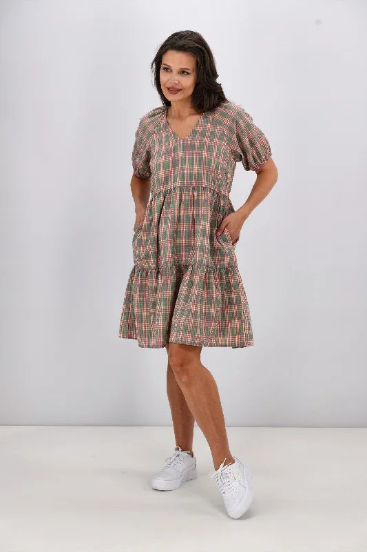 Shine On Label Hampshire Checked Tier Dress Pink Green