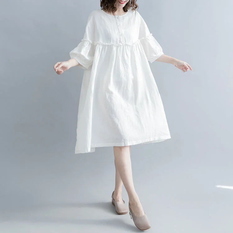 fashion white cotton linen knee dress plus size clothing cotton linen clothing dresses New lantern sleeve Cinched o neck baggy dresses fashion white cotton linen knee dress plus size clothing cotton linen clothing dresses New lantern sleeve Cinched o neck baggy dresses