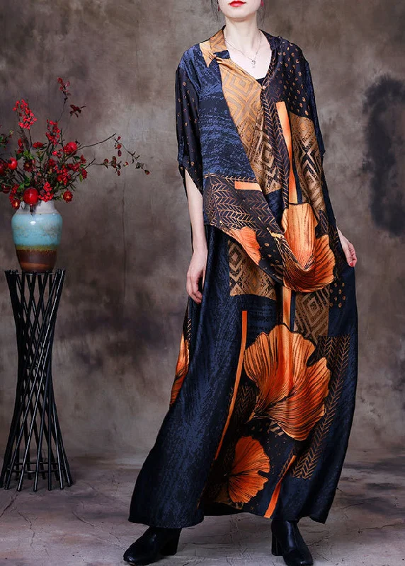 Fashion Yellow V Neck Asymmetrical Patchwork 2025 Silk Long Dress Half Sleeve