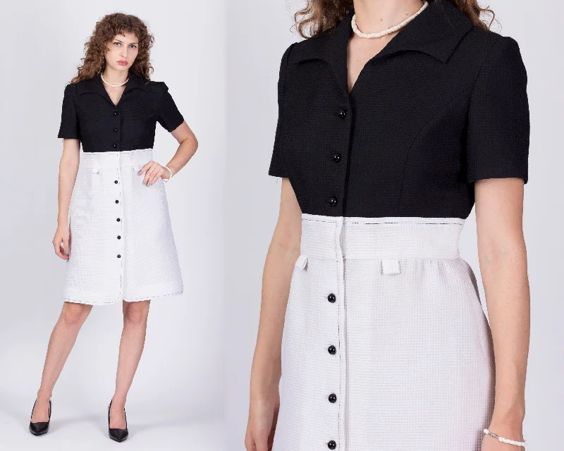 70s Fred Rothschild Black & White Waffle Textured Dress - Medium