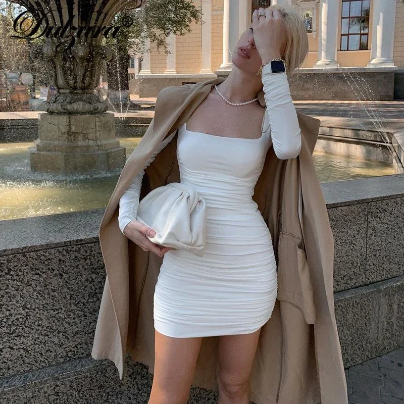 DULZURA Ruched Long Sleeve Poly-Spandex Bodycon Mini Dress