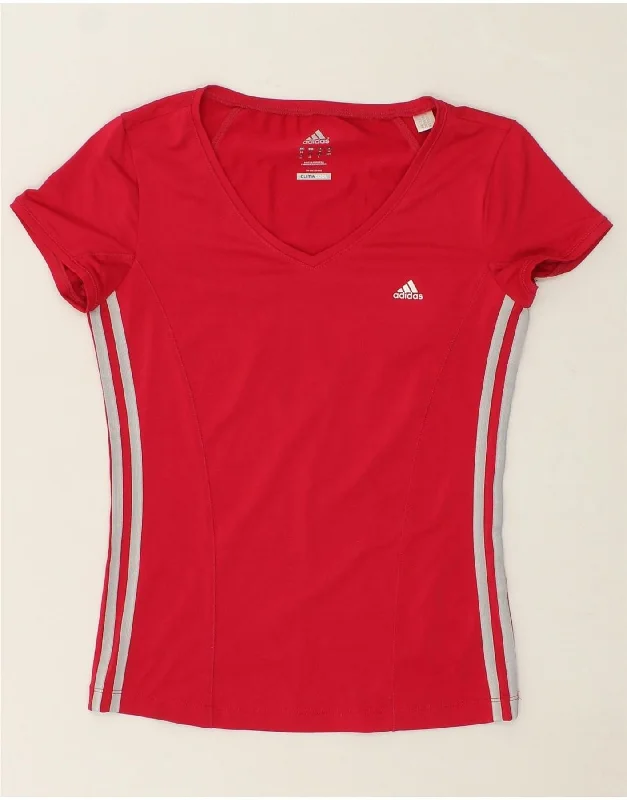 ADIDAS Womens Climacool T-Shirt Top UK 12 Medium  Red Asymmetrical Pockets Print