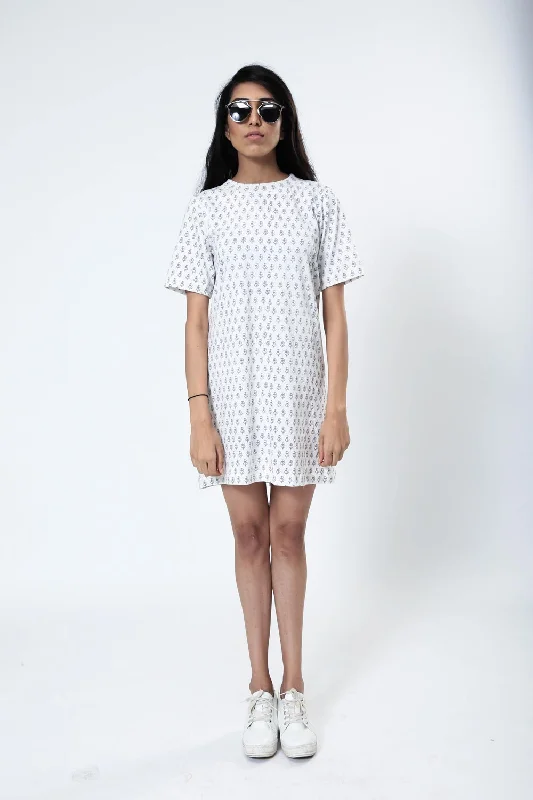 Block Printed T-shirt Dress Hooded Caped Shawl Collar