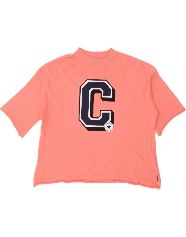 CONVERSE Womens Oversized Crop Graphic T-Shirt Top UK 10 Small Pink Print Jacquard Patchwork CONVERSE Womens Oversized Crop Graphic T-Shirt Top UK 10 Small Pink Print Jacquard Patchwork