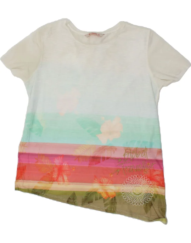 DESIGUAL Womens Graphic T-Shirt Top UK 18 XL White Striped Polyester Zippered Front Buttoned Front Snap Front DESIGUAL Womens Graphic T-Shirt Top UK 18 XL White Striped Polyester Zippered Front Buttoned Front Snap Front