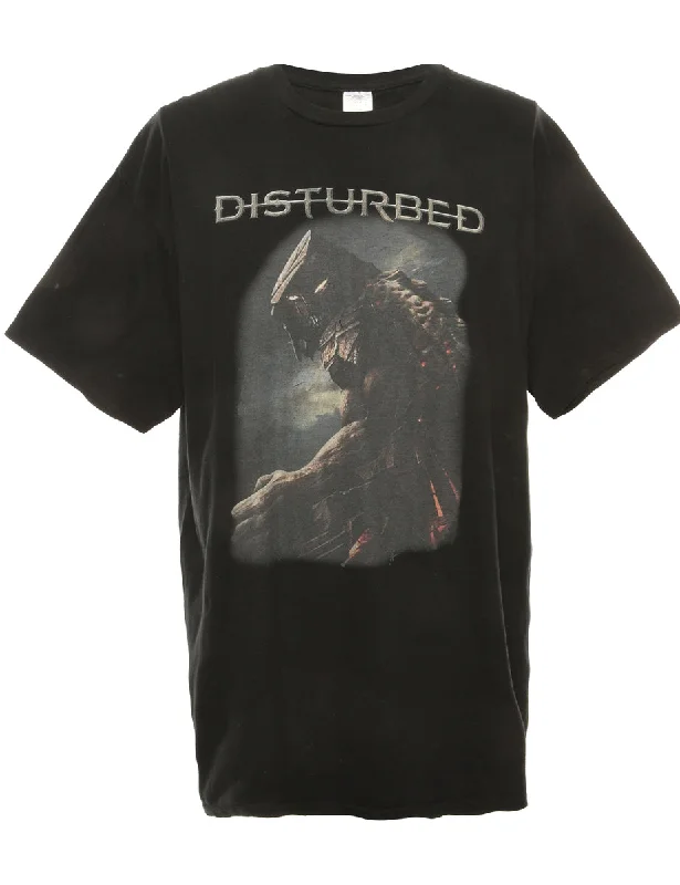 Disturbed Black Printed T-shirt - M Handmade Hand-knitted Hand-woven