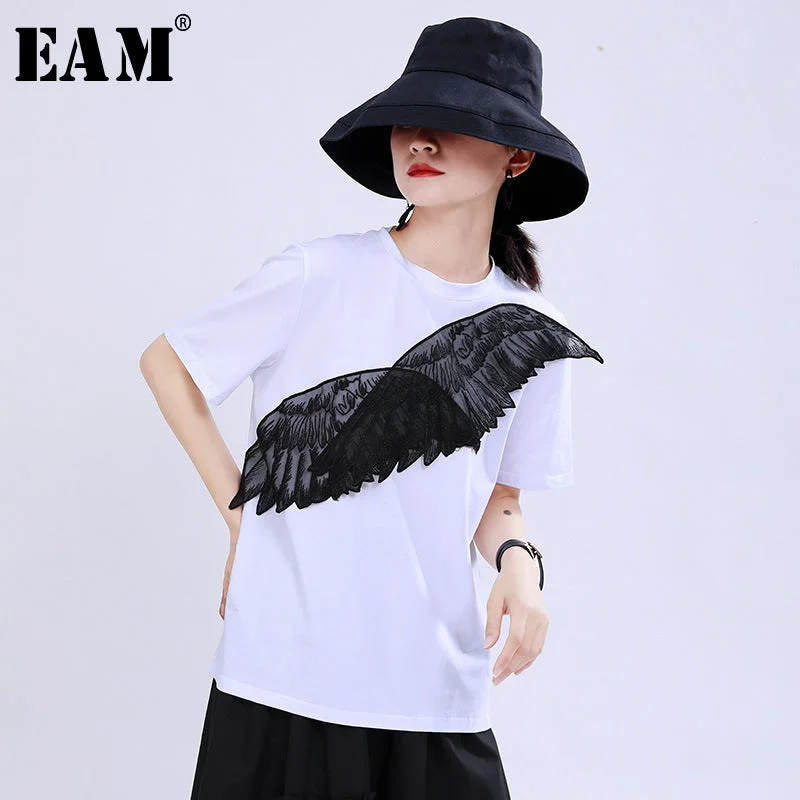 [EAM] Women Wings Mesh Split T-shirt Round Neck Short Sleeve Fleece Fabric Down Fabric Feather Fabric