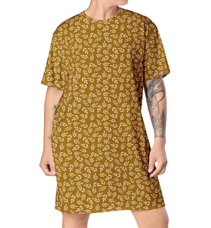 Gold Leaves T-Shirt Dress Zippered Front Buttoned Front Snap Front