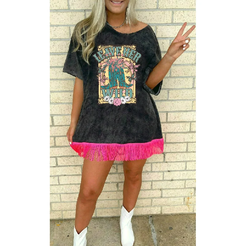Leave Her Wild Fringed Graphic T-shirt Dress Seamless Knitted Crochet