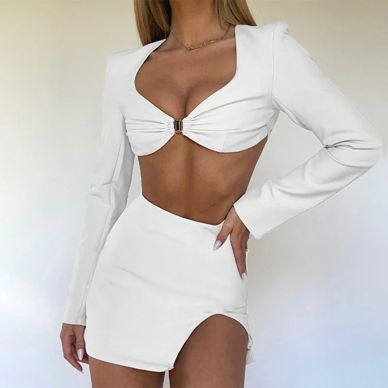 Long Sleeve Cutout T-Shirt Irregular Skirt Two Piece Set Zippered Buttoned Snapped
