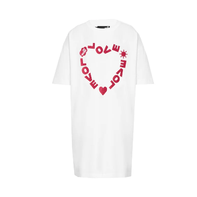 Love Moschino White Heart Design T-Shirt Dress Boxy Fit Fitted Loose