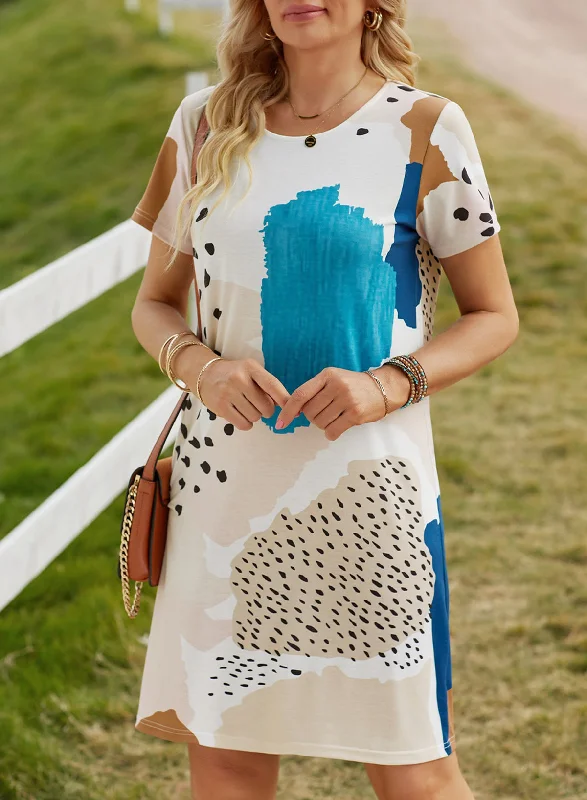 Mixed Print Round Neck T-Shirt Dress Collared Crew Neck Turtle Neck
