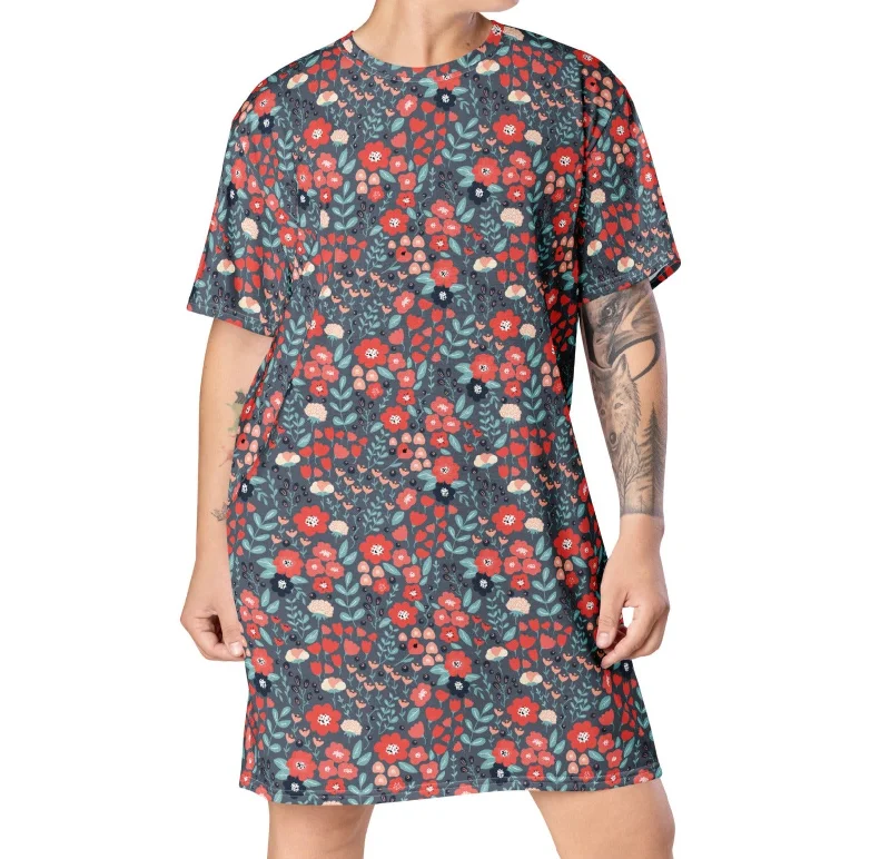 Slate Blue & Coral Floral T-Shirt Dress Basic T-Shirt Crew Neck Short Sleeve