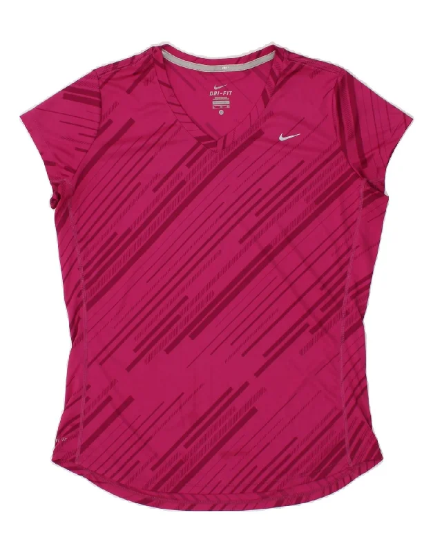 NIKE Womens Dri Fit T-Shirt Top UK 18 XL Pink Striped Houndstooth Herringbone Solid