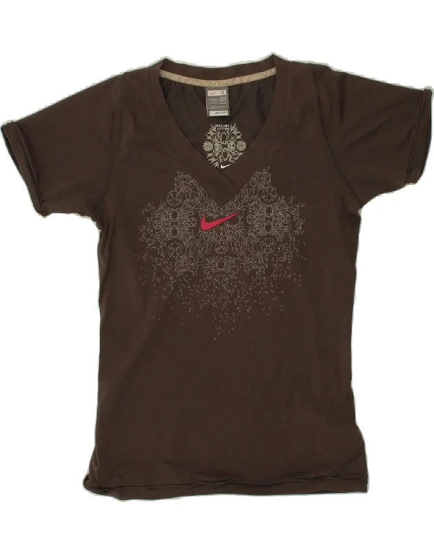 NIKE Womens Fit Dry Graphic T-Shirt Top UK 10 Small Brown Cotton Mesh Blend Leather Blend Suede Blend NIKE Womens Fit Dry Graphic T-Shirt Top UK 10 Small Brown Cotton Mesh Blend Leather Blend Suede Blend