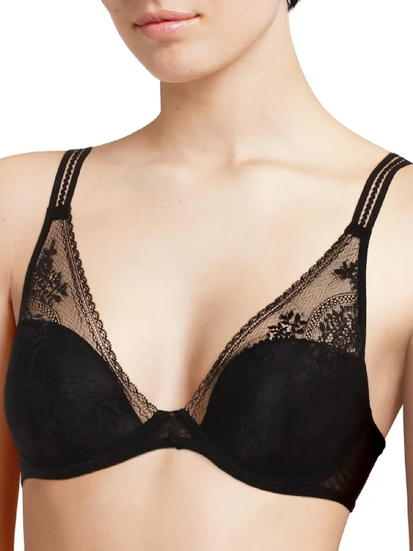 Maddie Plunge T-Shirt Bra - Black Beaded Sequined Faux Fur