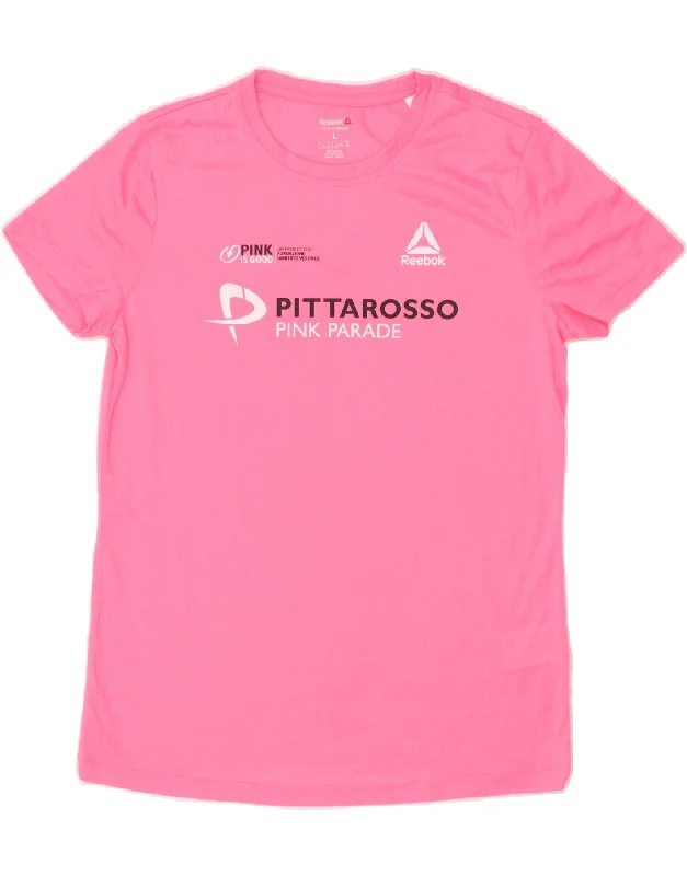 REEBOK Womens Graphic T-Shirt Top UK 14/16 Large Pink Polyester Thin T-Shirt Open Front Quick Dry