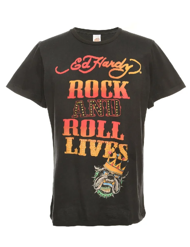 Ed Hardy Y2K Rock N Roll Printed T-shirt - L Zippered Buttoned Snapped