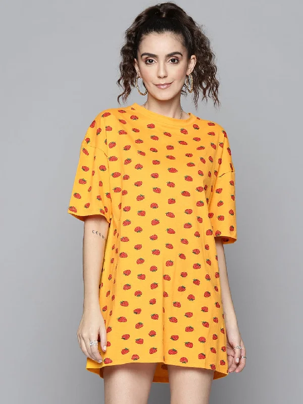 Women Mustard Strawberry T-Shirt Dress Fitted T-Shirt Seamless Stretchy