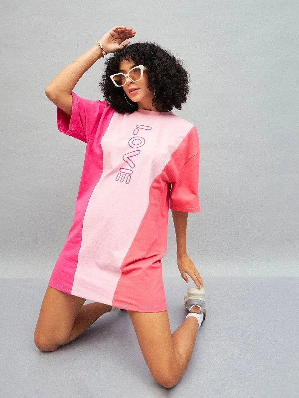 Women Pink LOVE ColorBlock T-Shirt Dress Knit Fabric Woven Fabric Fleece Fabric