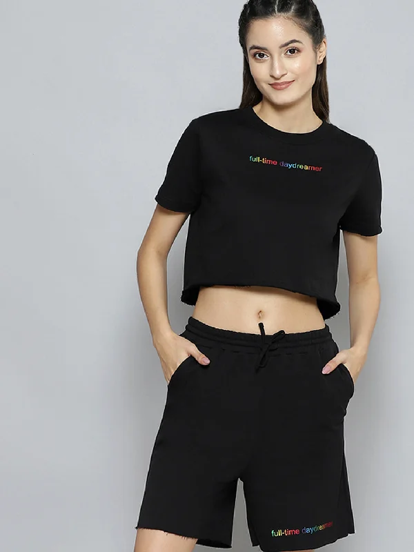 Women Black Terry Active Crop T-Shirt With Drawstring Shorts Polka Dot Checkered Tartan Women Black Terry Active Crop T-Shirt With Drawstring Shorts Polka Dot Checkered Tartan