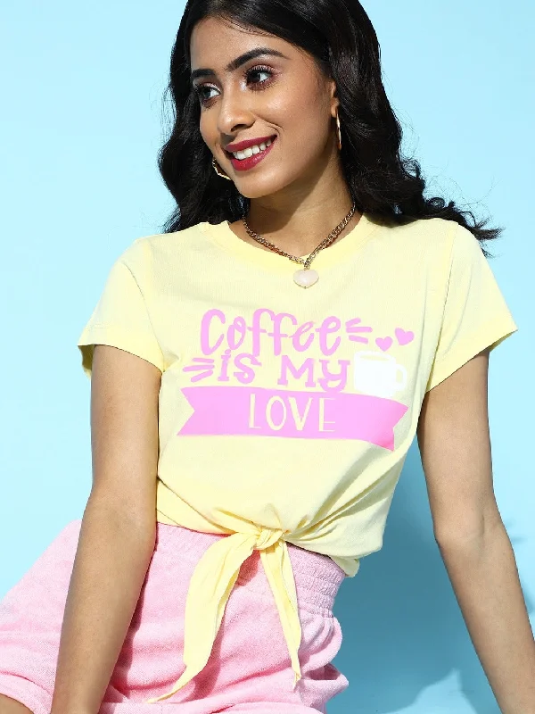 Women Yellow Coffee Is My Love Tie-Knot Crop T-Shirt Elasticated Padded Insulated