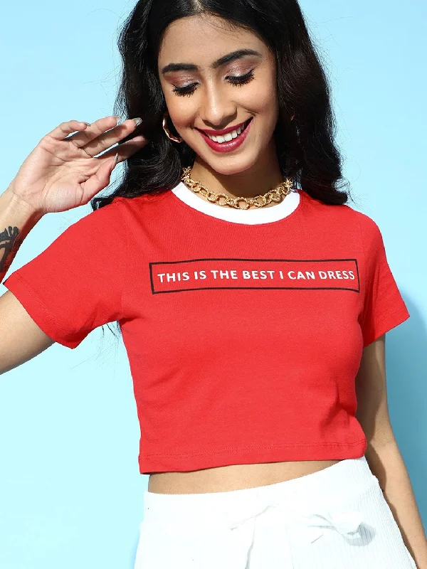 Women Red Contrast Rib Text Print Crop T-Shirt Anti-Pilling Machine Wash Handmade