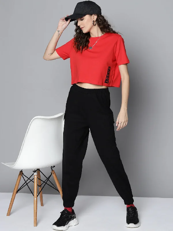 Women Red Sassy Side Boxy Crop T-Shirt Collared Crew Neck Turtle Neck