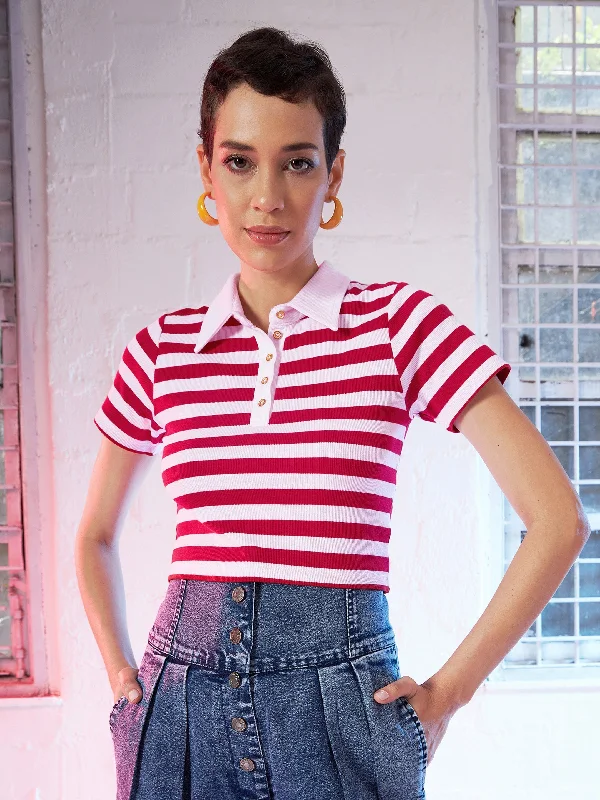Women Red & Pink Stripes Crop Polo T-Shirt Anti-Shrink Durable Soft
