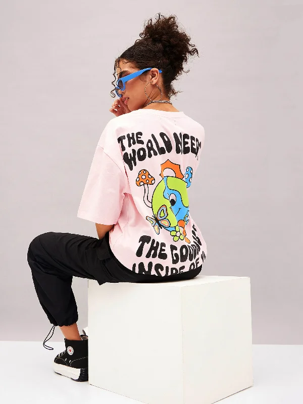 Women Pastel Pink The World Needs Oversized T-shirt Fleece Fabric Down Fabric Feather Fabric Women Pastel Pink The World Needs Oversized T-shirt Fleece Fabric Down Fabric Feather Fabric