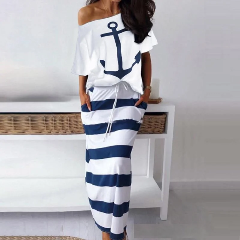 Spot Amazon Bay Navy Wind Casual Anchor Print Short Sleeve T-shirt Skirt Set Cashmere Blend Cotton Blend Poly Blend Spot Amazon Bay Navy Wind Casual Anchor Print Short Sleeve T-shirt Skirt Set Cashmere Blend Cotton Blend Poly Blend