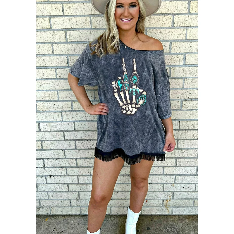turquoise skeleton hand Fringed T-shirt Dress Rayon Velvet Corduroy