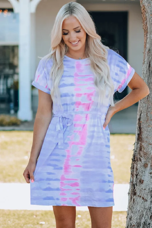 Women Tie-Dye Belted T-Shirt Dress Embroidered Appliqued Beaded