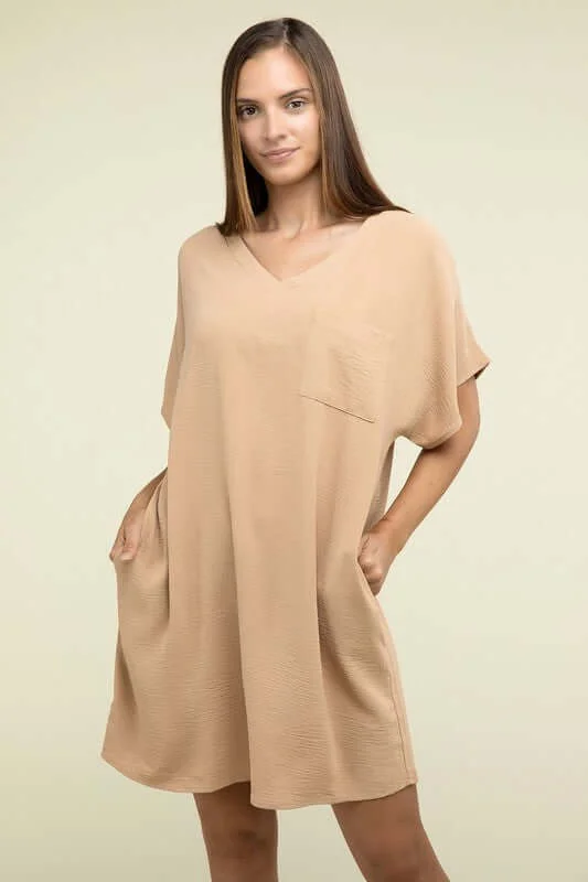 Causal Woven Airflow V Neck T-Shirt Dress with Pockets Print Jacquard Patchwork