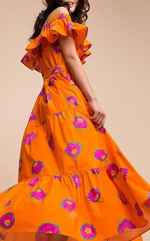 2023 Boho Maxi Dress Women Off The Shoulder Ruffle Floral Print Sashes Summer A-Line Big Swing Long Dress for Women Cozy Maxi Dress with Slit