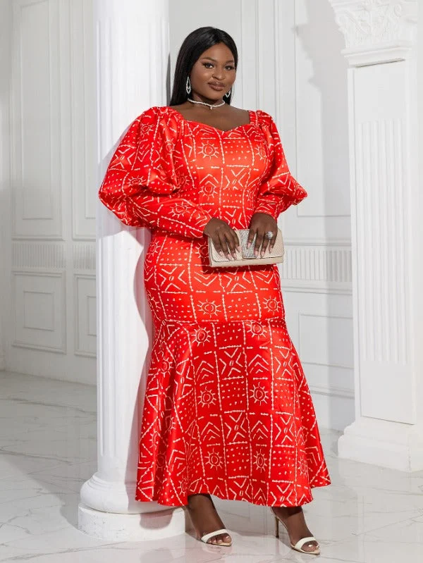 AOMEI Lantern Sleeve Printed Mermaid Maxi Dress Comfortable Ruffle Maxi Dress