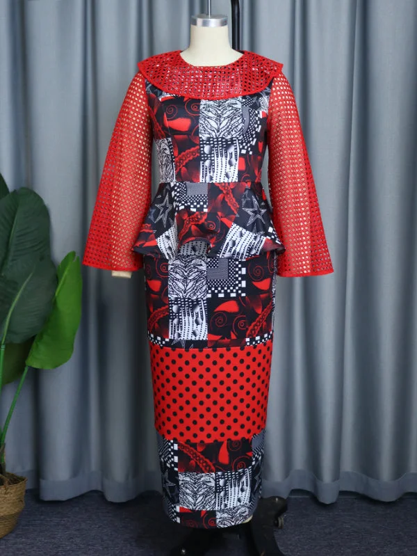 AOMEI Plus Size Women Printed Hollow Out Maxi Dress Comfortable Fitted Maxi Dress