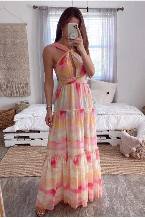 Backless A-Line Chiffon Maxi Dress Elegant Maxi Dress with Lace