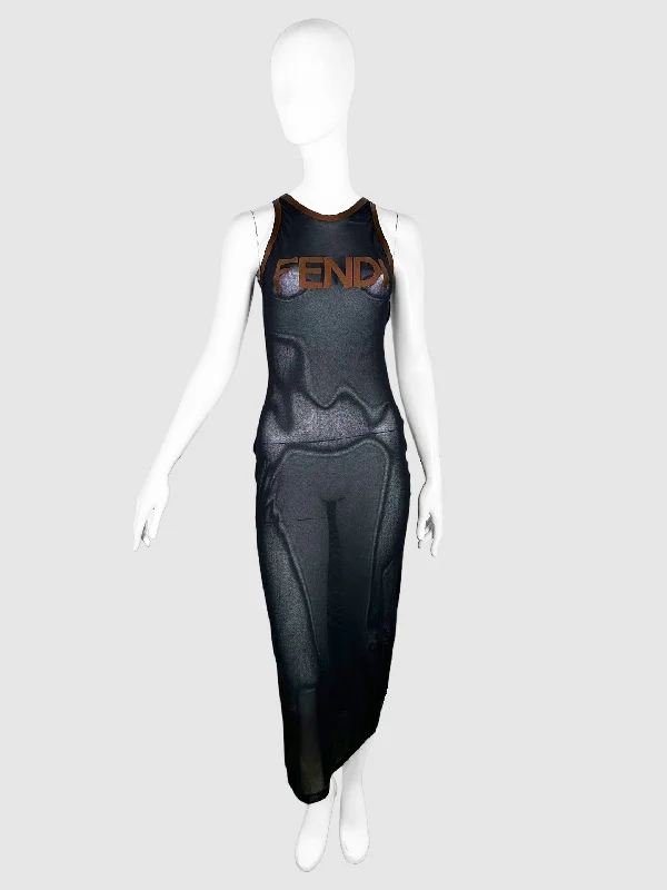 Bodycon Logo Maxi Dress - Size S/M Fashionable Off-Shoulder Maxi Dress