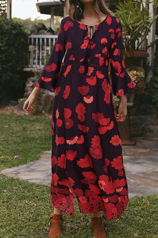 Boho Floral Print Slit Flare Sleeve Maxi Dress Elegant Silk Maxi Dress