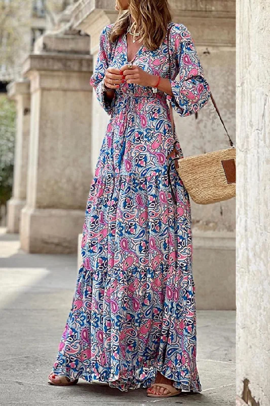 Boho Paisley V Neck Long Sleeve Maxi Dress Chic Boho Print Maxi Dress
