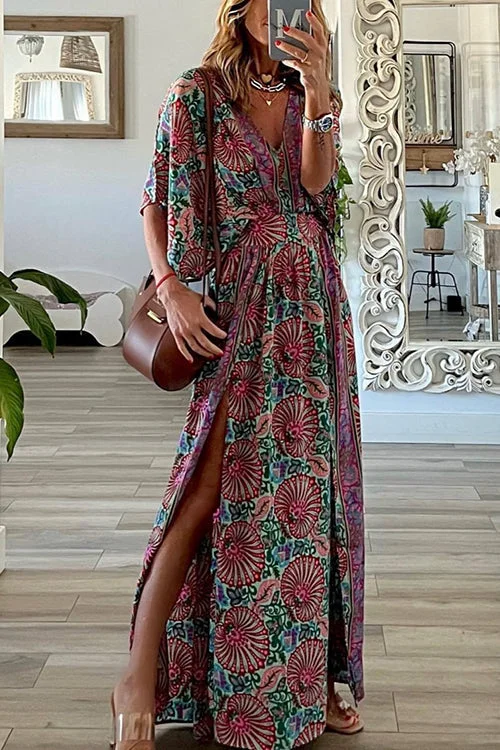 Boho Print V Neck Slit Maxi Dress Cozy Open-Back Maxi Dress