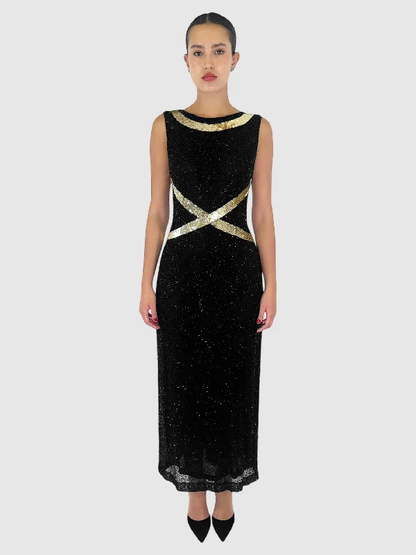Bow Detail Beaded Maxi Dress - Size S Comfortable Plunging Neckline Maxi Dress