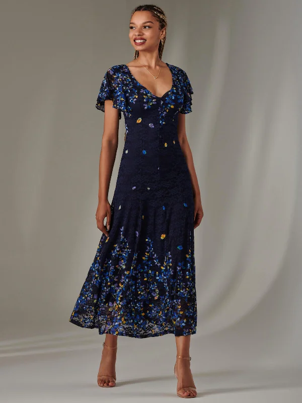 Cap Sleeve Lace Maxi Dress, Blue Multi Comfortable Flowy Maxi Dress