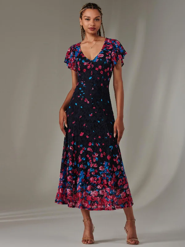 Cap Sleeve Lace Maxi Dress, Pink Multi Fashionable High-Low Maxi Dress